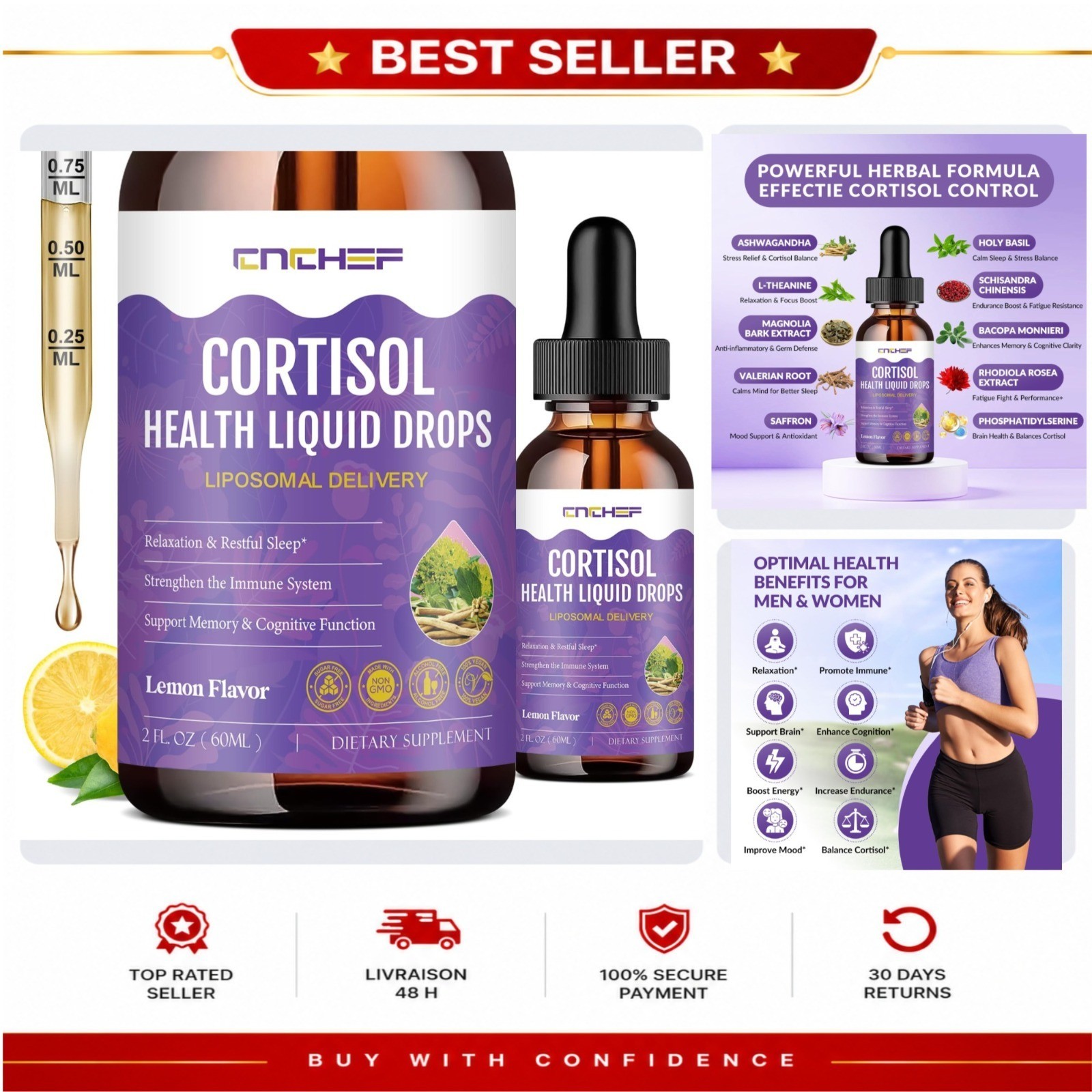 CNCHEF Cortisol Supplement Liquid Drops Lemon 2 fl oz Stress Support