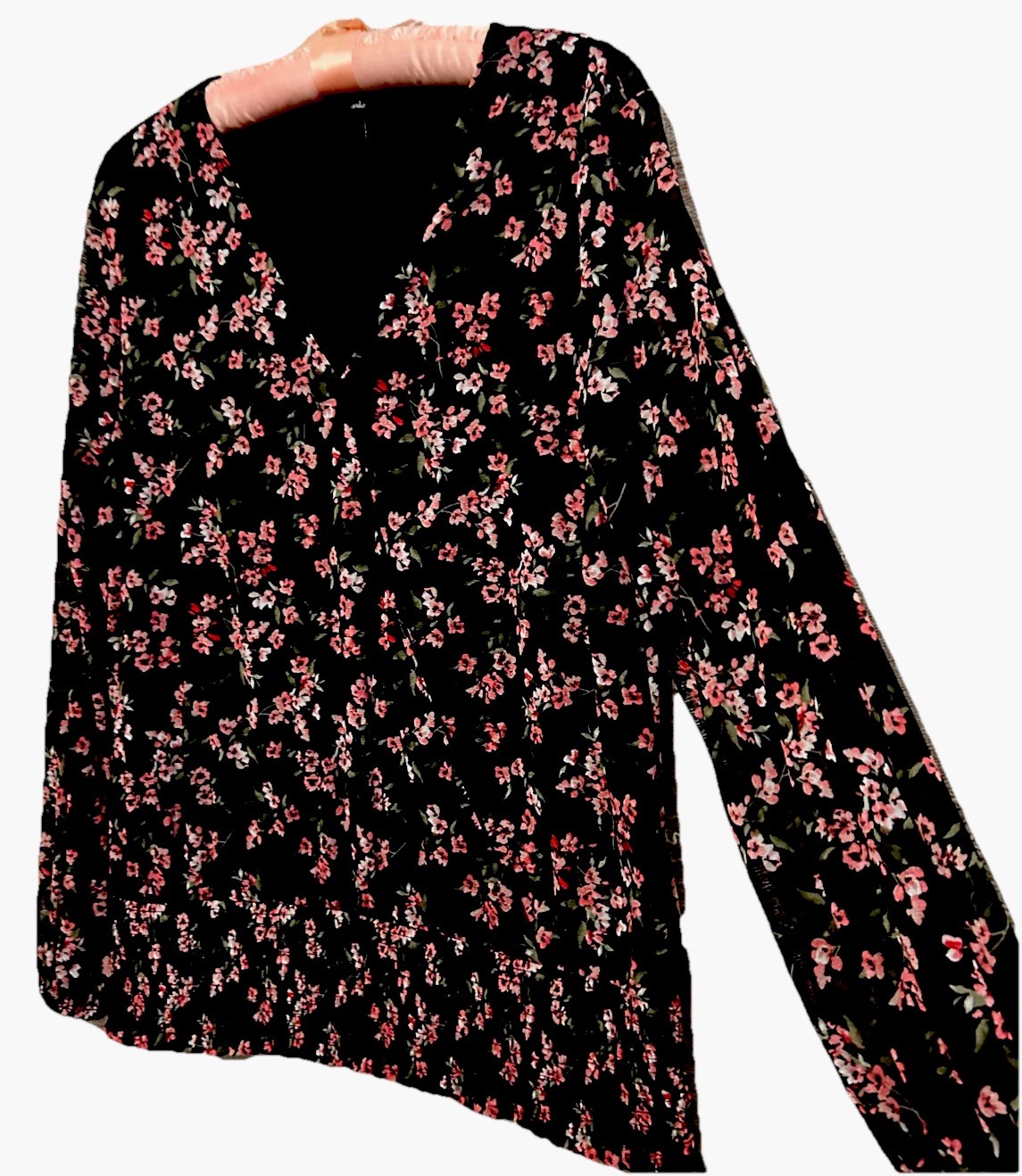 Inc Top L Black Pink Floral Boho Stretch Knit Nylon Smocked Waist Shirt Blouse