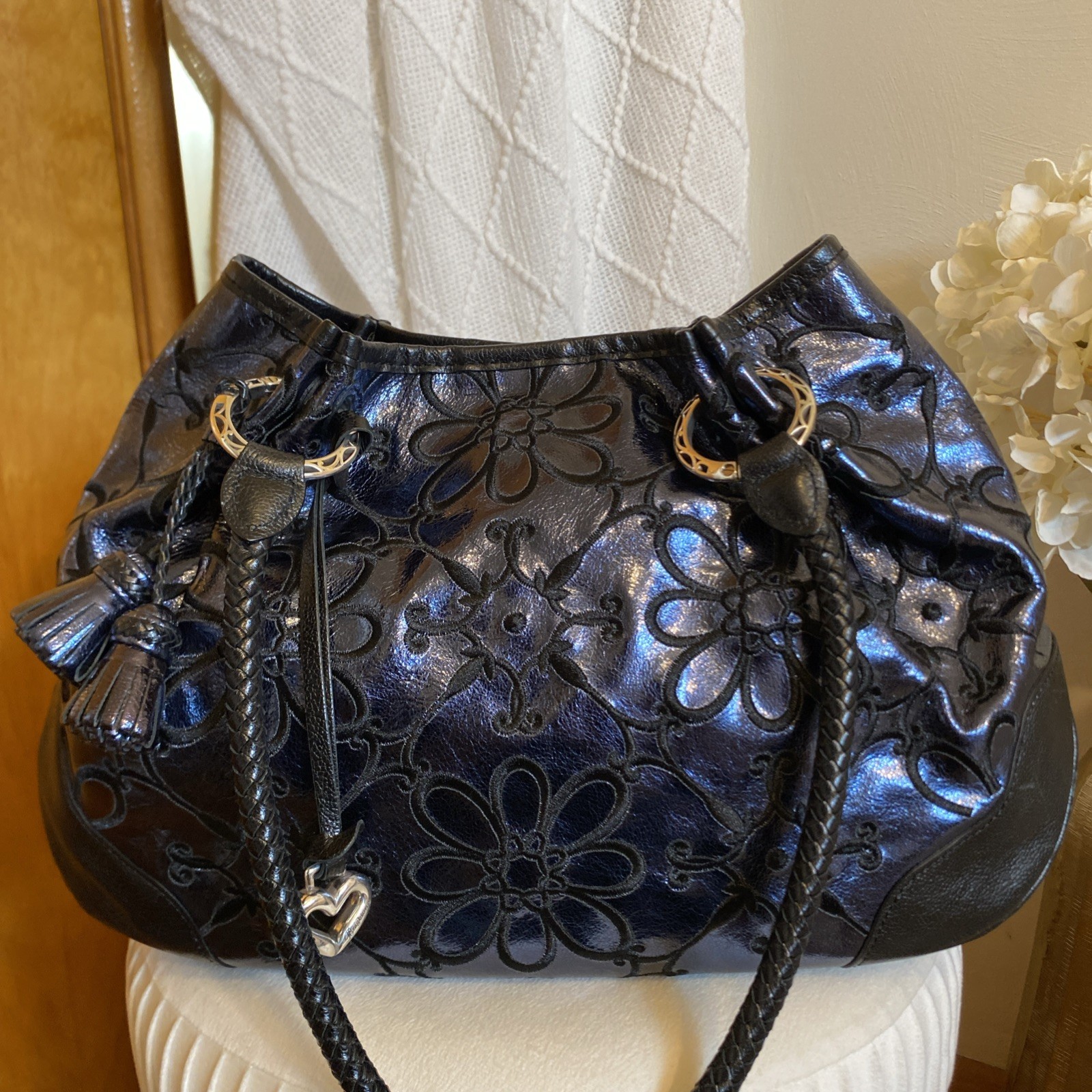 Brighton Valencia Sapphire Blue Metallic Leather Embroidered Flowers EUC