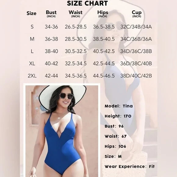Shaperin Women’s Blue Deep V Neck One Piece Swimsuit