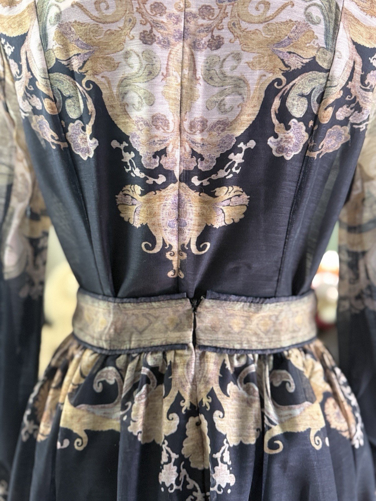 Women’s 2 piece set Black Beige Paisley Chiffon Maxi Dress High Neck Puff Sleeve