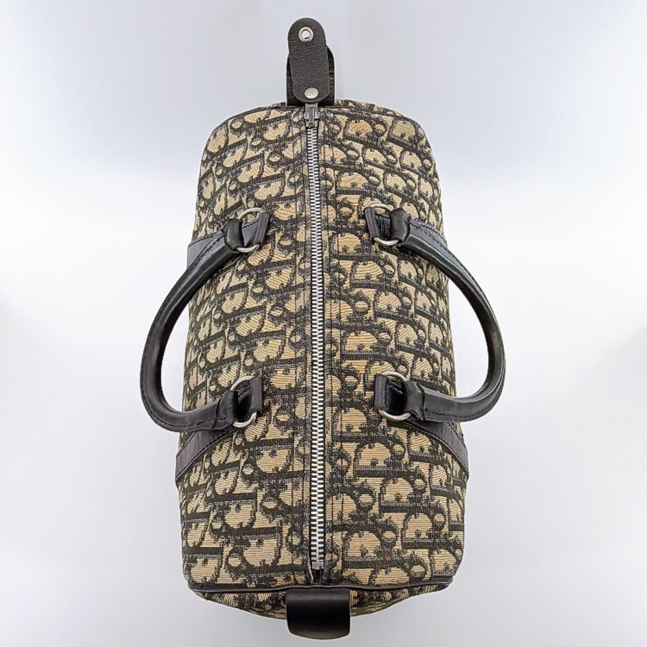 Auth Christian Dior Trotter Pattern Canvas Beige Navy Boston Bag 303Q1