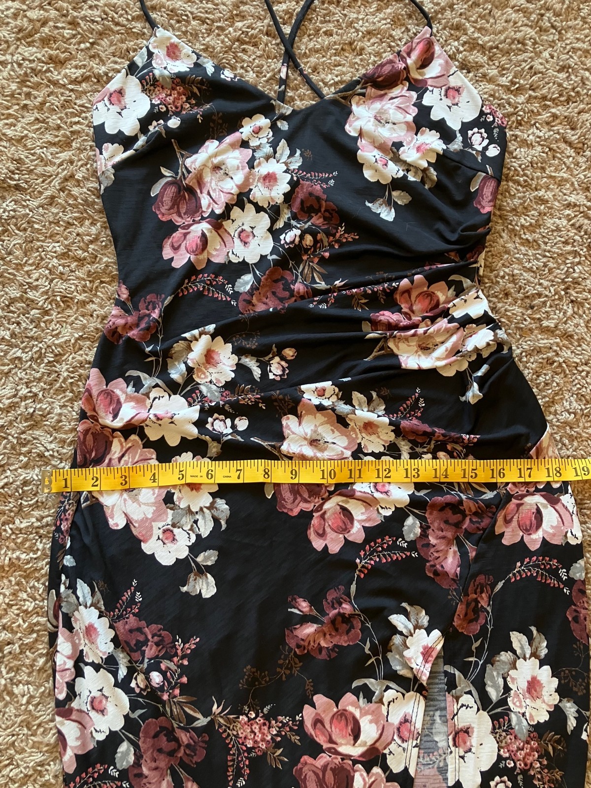 Windsor Womens L Black Floral Maxi Dress Ruched High Slit Strappy Cross Back