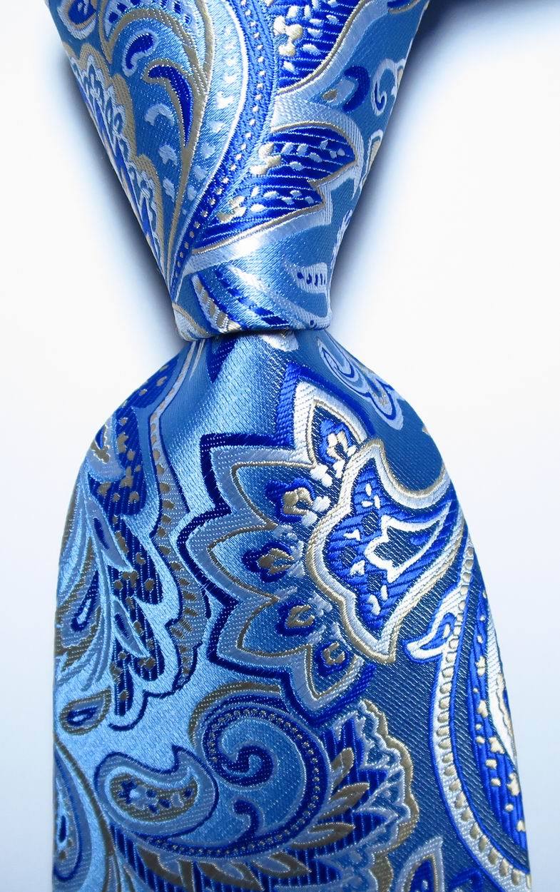 New Classic Paisley Light Blue White JACQUARD WOVEN Silk Men’s Tie Necktie