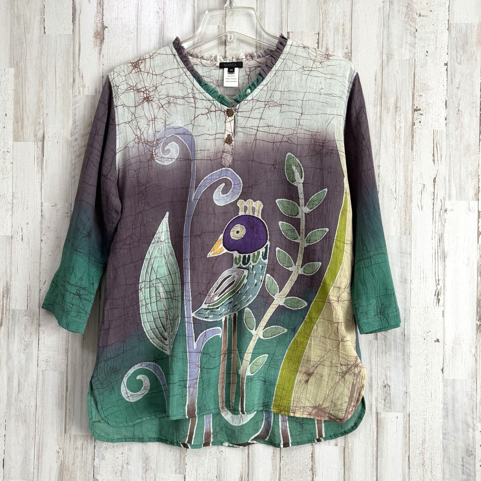 Novica Batik Cotton Blouse Top Bird Floral Dip Dye Purple Cream Popover 3/4 Slv