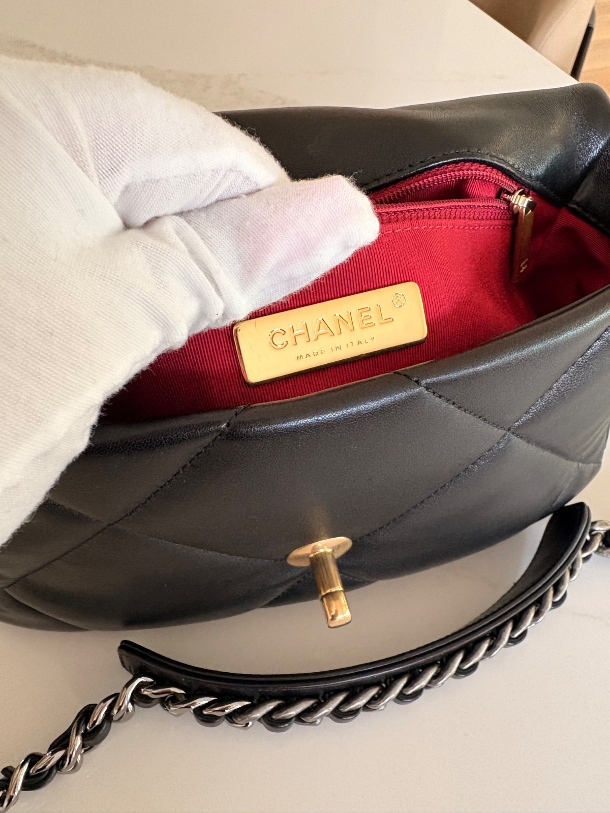 Authentic Chanel 19 in black Lambskin with mixed hardware size small