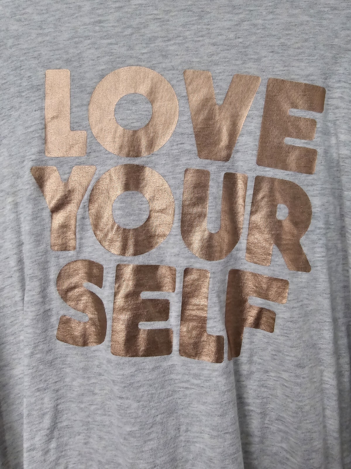 PINK Love Your Self Gray T-Shirt Gold Lettering Kinder to the Planet by Size S