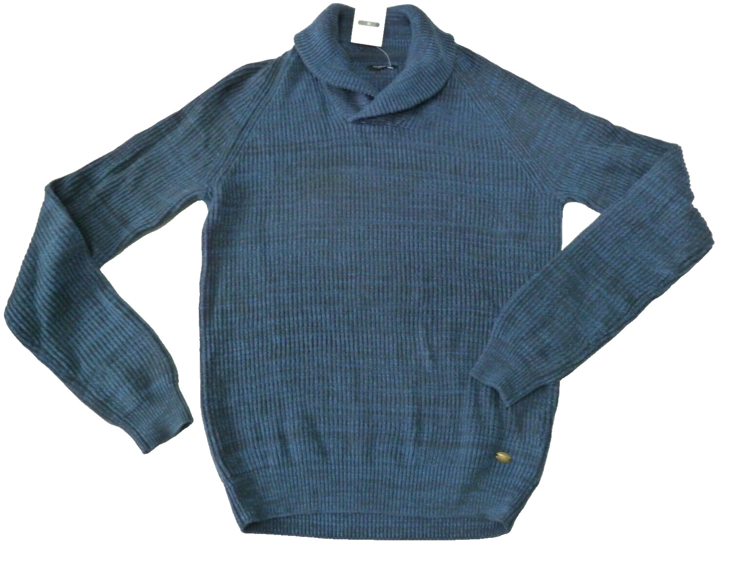 Fisherman Sweater Pullover Mens Medium Ribbed 100% Cotton Navy Blue Shawl Collar