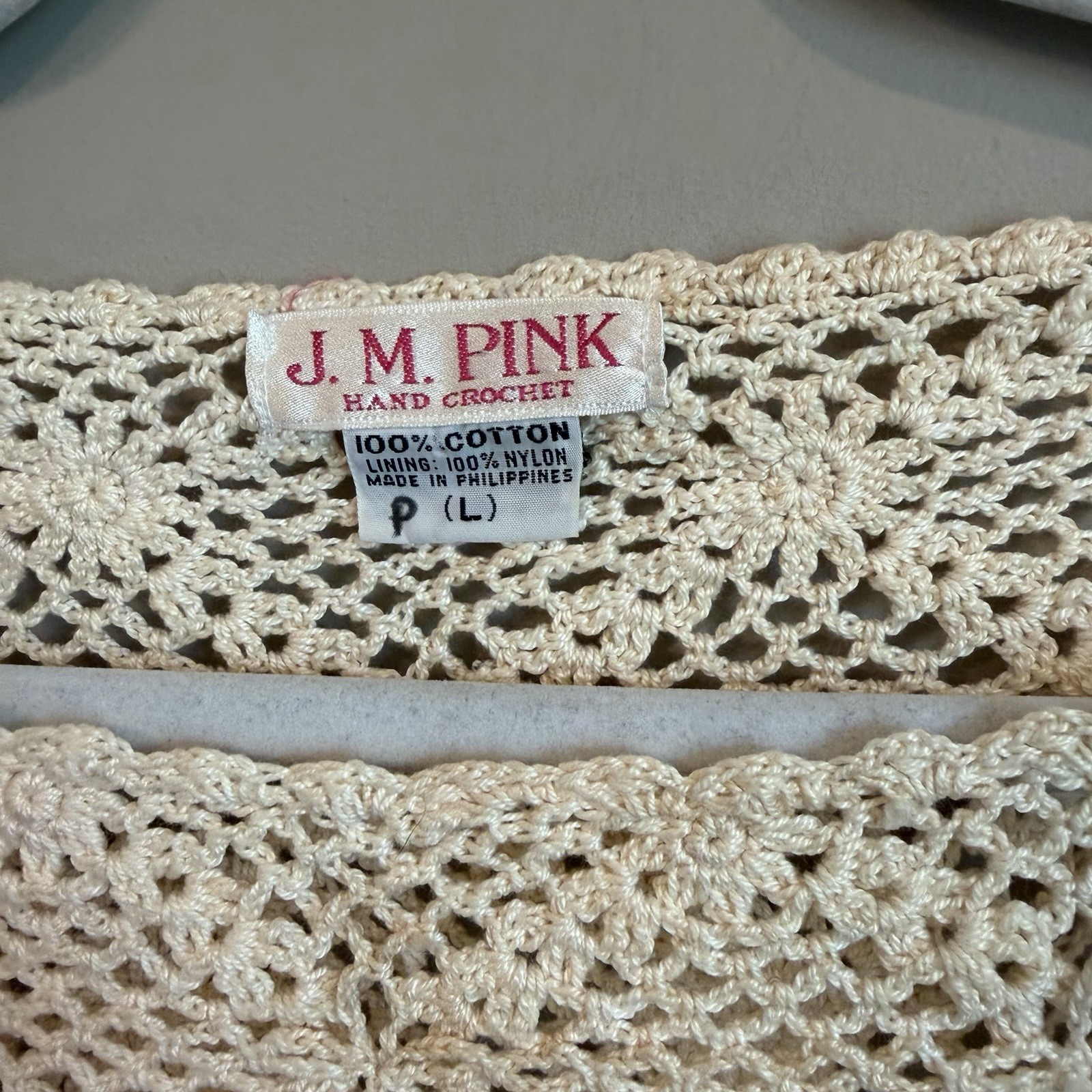 Vintage J.M. Pink Hand Crochet Ivory Floral Top Fairycore Boho Flutter Sleeve L