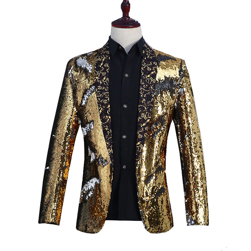 Men Reversible Two Tone Glitter Sequins Suit Jacket Blazer Dance Stage Coat Tops