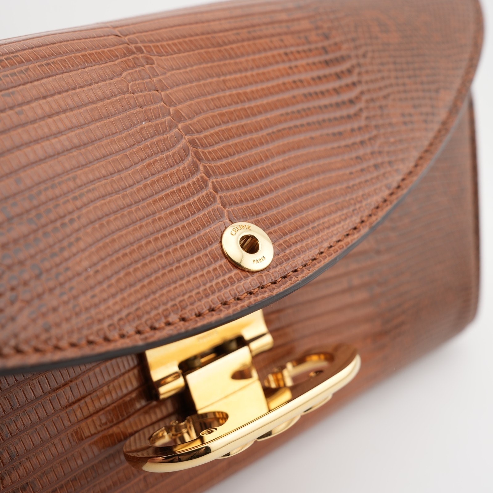 Celine Shiny Lizard Leather Maillon Triomphe Clutch Brown