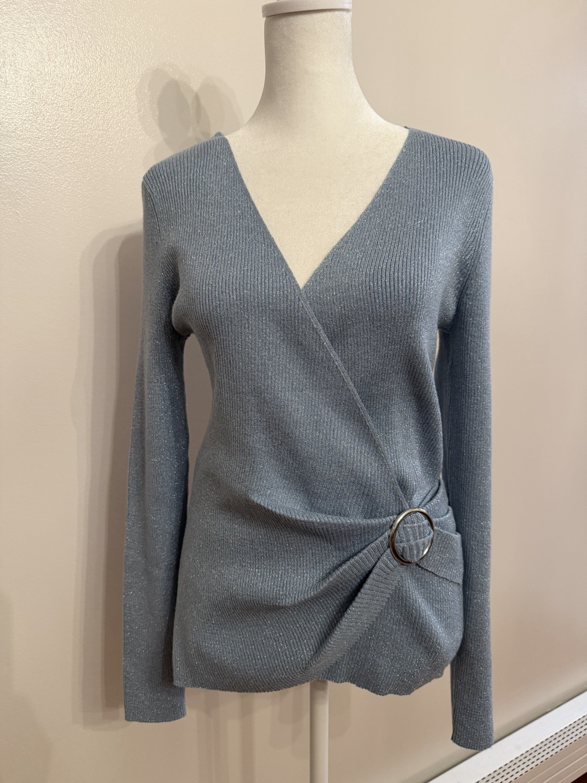 NWT Ribbed Wrap Sweater Powder Sky Blue Metallic Ring Detail Size L