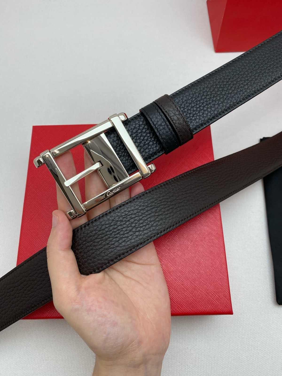 Cartier Black and brown double-sided cowhide men’s Silver buckle belt