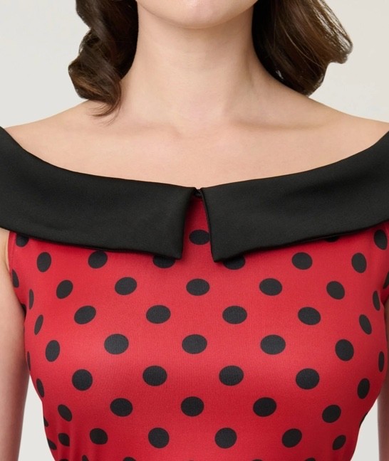 UNIQUE VINTAGE RED & BLACK DOT OFF THE SHOULDER SWING DRESS – NEW – REG & PLUS
