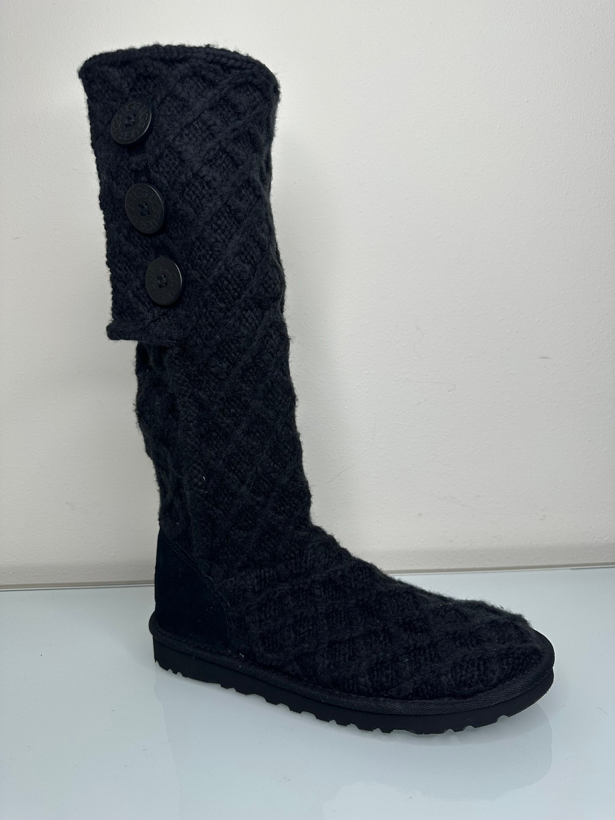 UGG 3066 Black Boots Lattice Cardy Cable Knit Button Boots 8 US