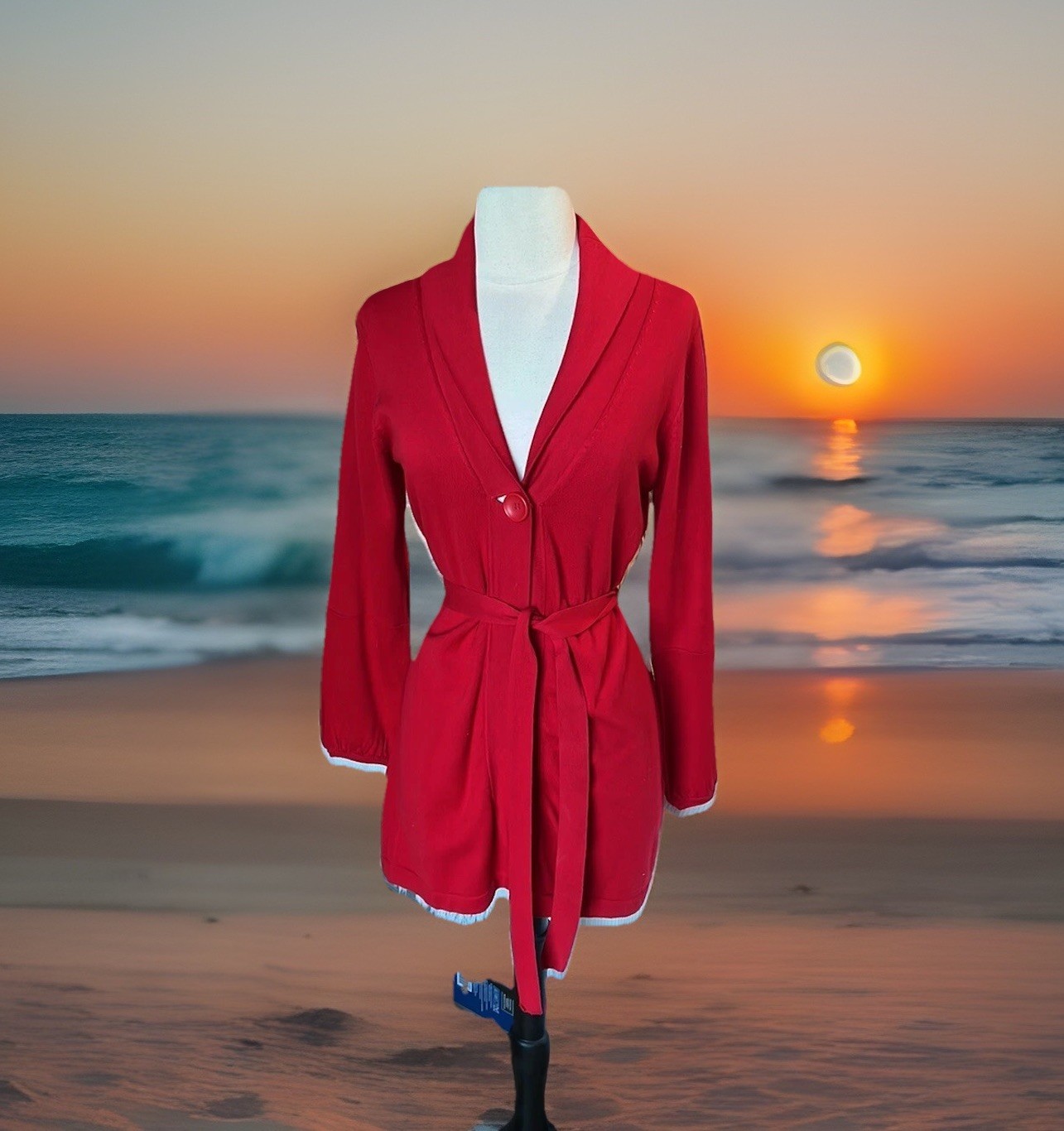 Rafaella Red Sweater Tie Belted Cardigan Cotton Acrylic Women Petite Medium Knit