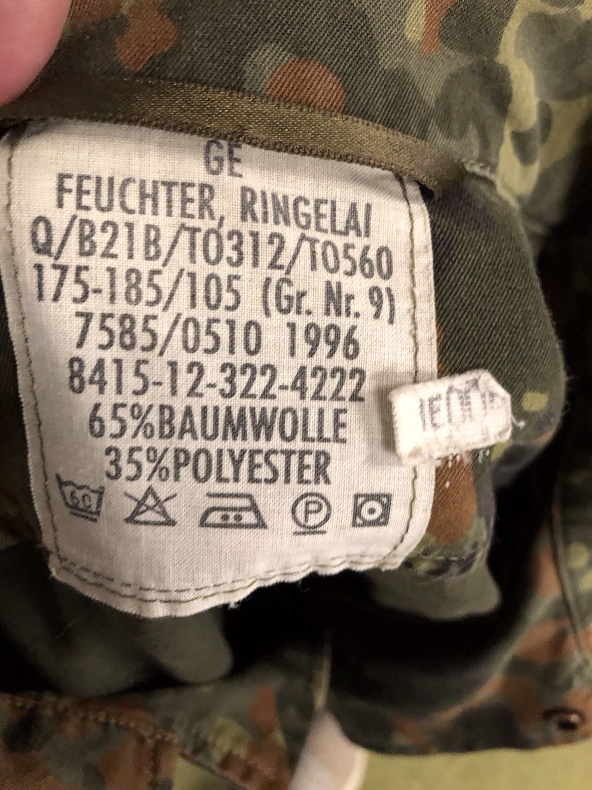 DEU GE German Army Camo Snap-Button Full Zip 175-185/1996 Jacket Field Coat