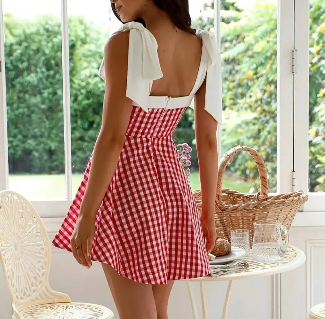 Women’s Red White Gingham Fit & Flare Mini Sundress Bow Straps Square Neck Zip