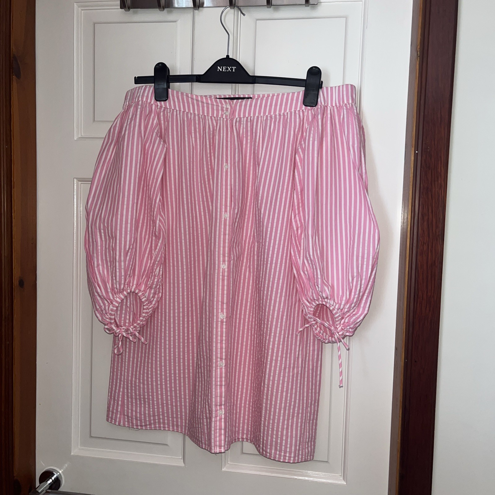 ZARA pink & white stripe mini off shoulder summer beach cotton dress Size S