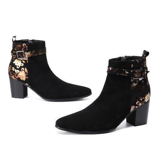 Men’s Floral Print Shoes Faux Suede Ankle Boots Zip Block Heel Buckle Outwear SZ