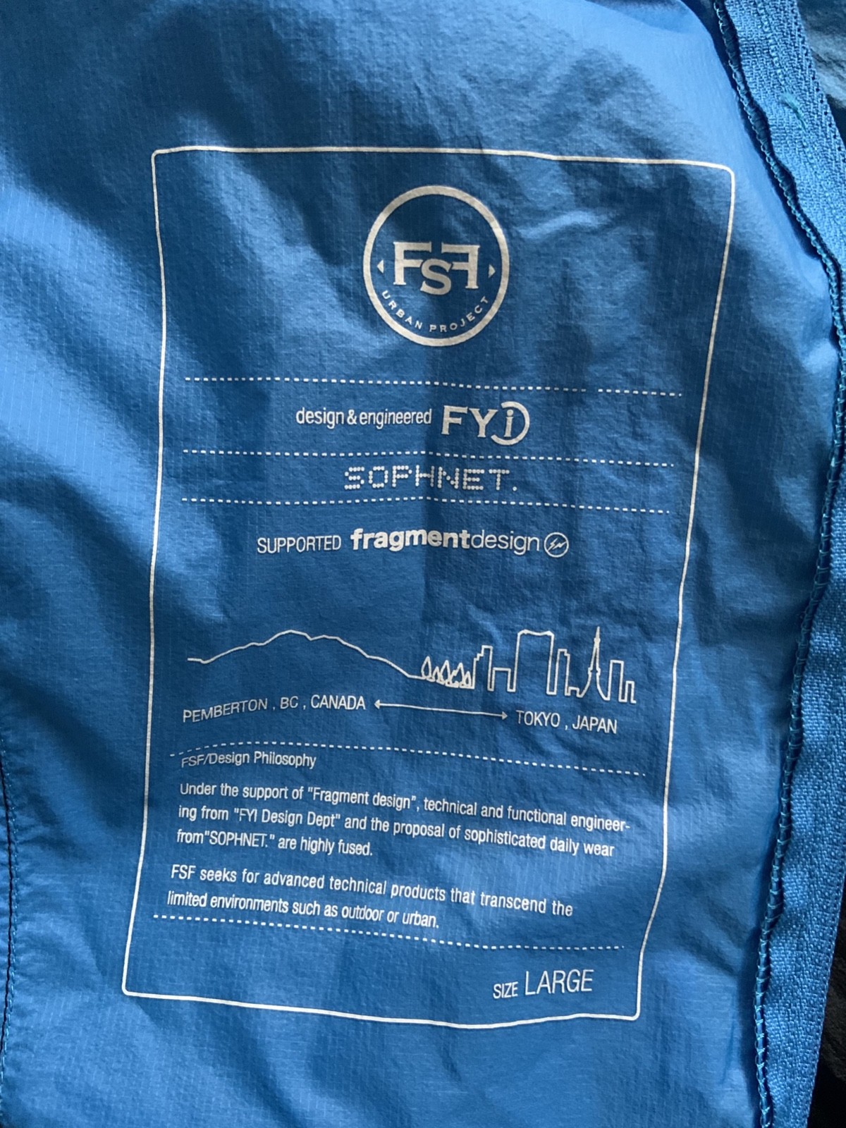 FSF Urban Project FYI SOPH. Fragment Design Windbreaker L Blue and Black