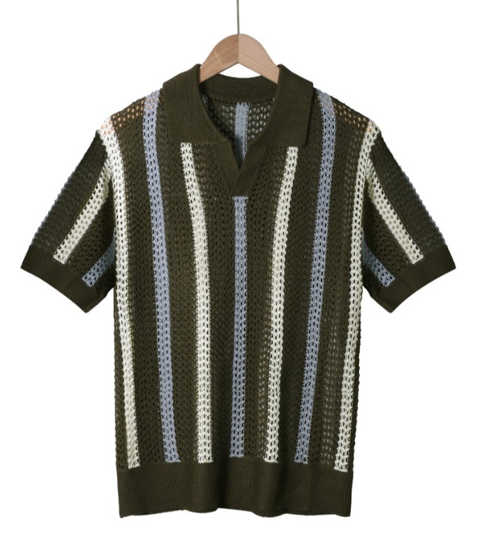 Men’s V-Neck Collared Knit T-Shirt Hollow Out Striped Short Sleeve Tee