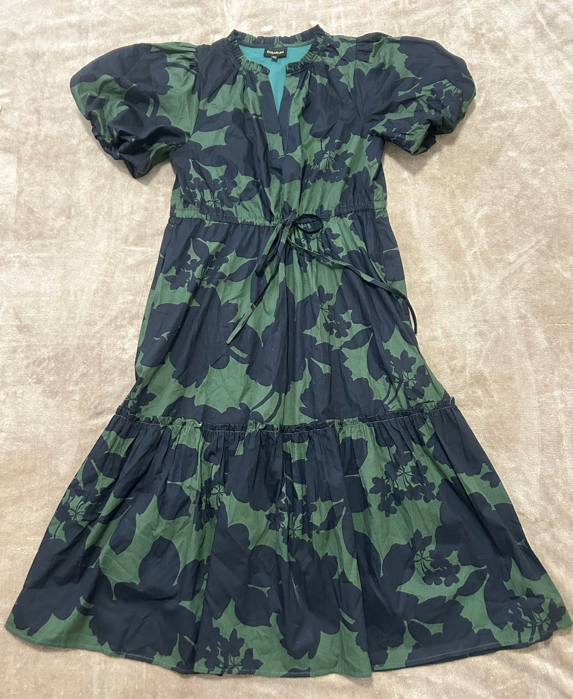 Sugarlips XS Green Black Night Moss Botanical Ginny Bubble Sleeve Midi Dress