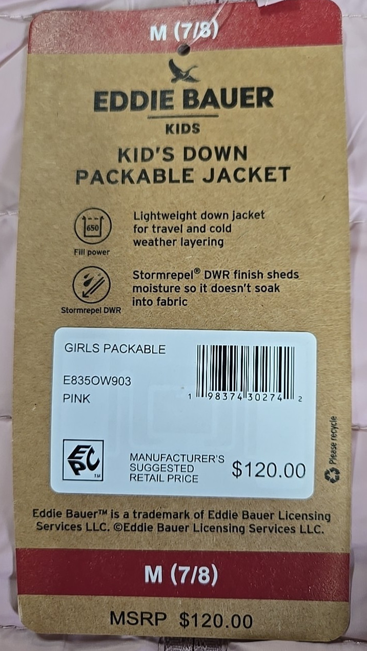 NWT: Girl’s Eddie Bauer Down Packable Jacket – 2 Colors/4 Sizes to Choose From!