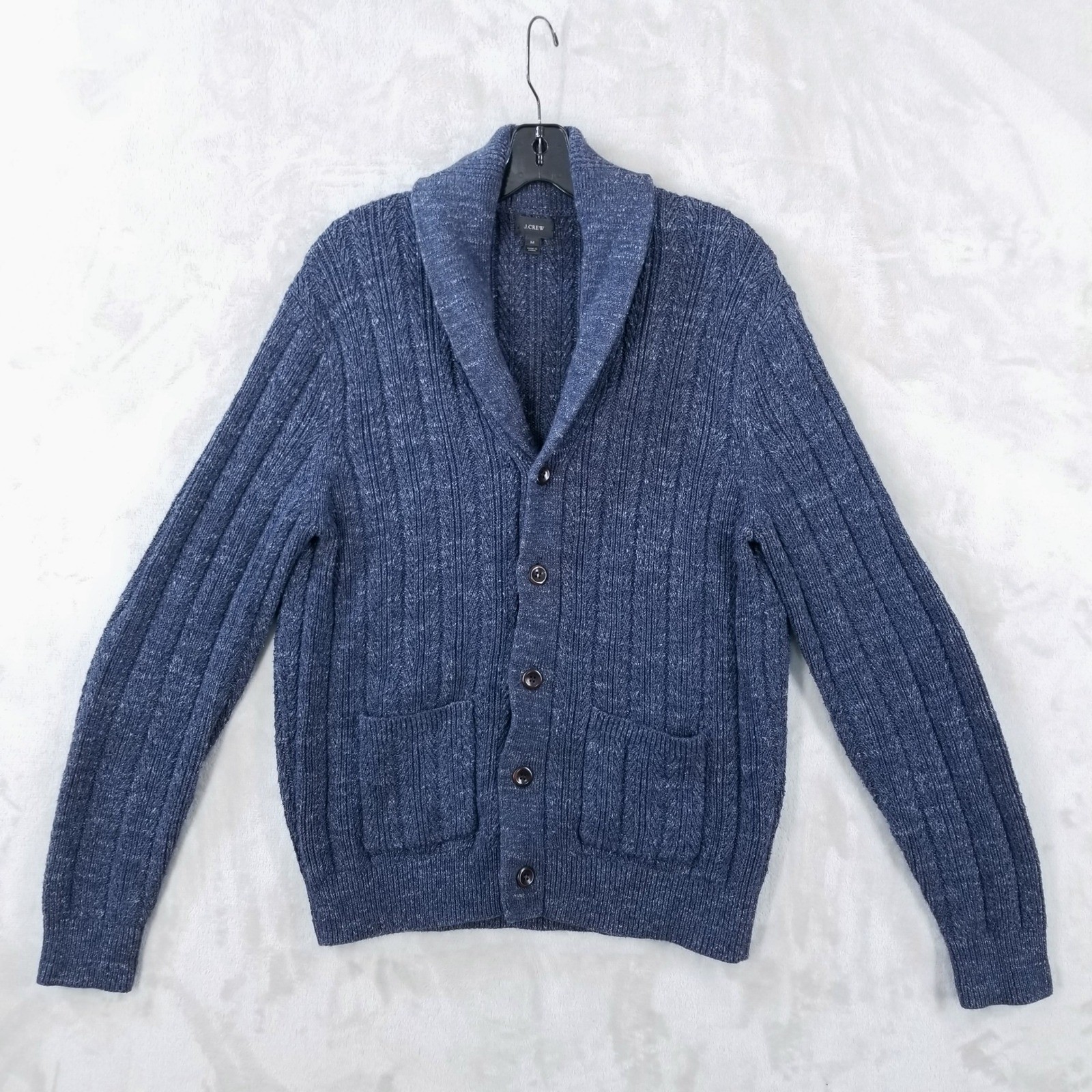 J Crew Mens Shawl Collar Cardigan Sweater Blue Cotton Elbow Patches Size M