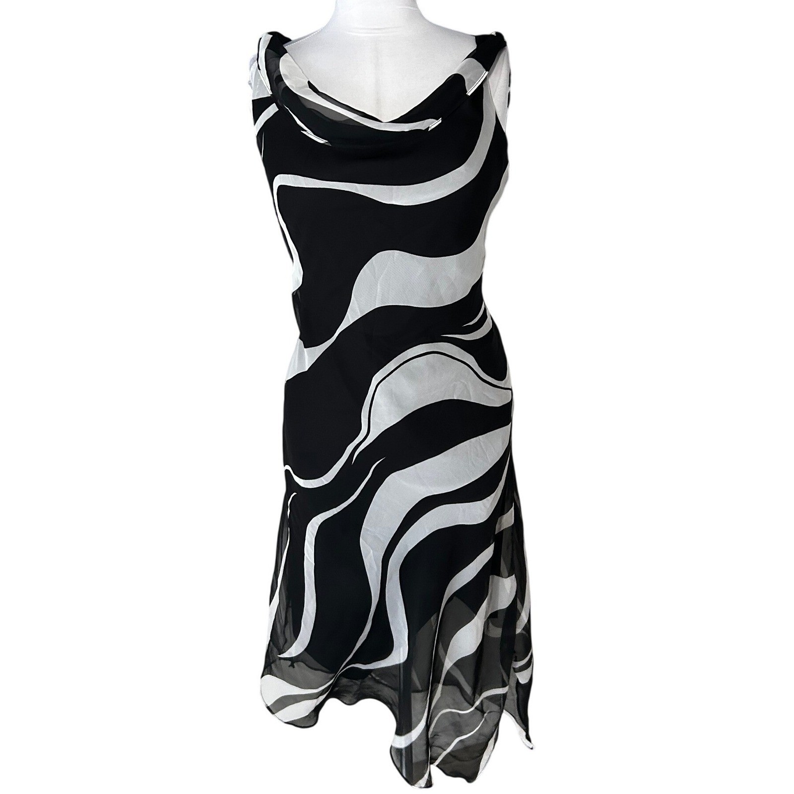 Vintage Breakin’ Loose Midi Dress Size 10 Black White Abstract Cowl Neck Y2K