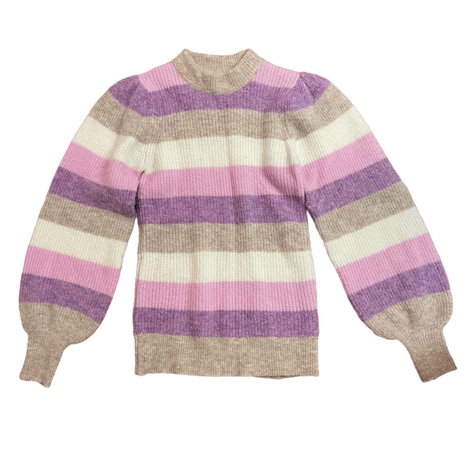 Ganni Striped Balloon Sleeve Sweater Purple Pink Beige Cream Alpaca Wool XXS
