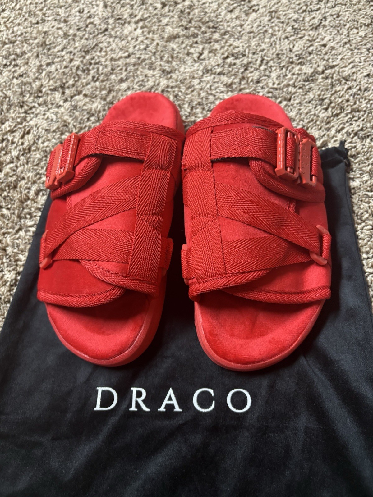 Draco Men’s Red Leather Slide Sandals Buckle Closure Logo Accent US 6