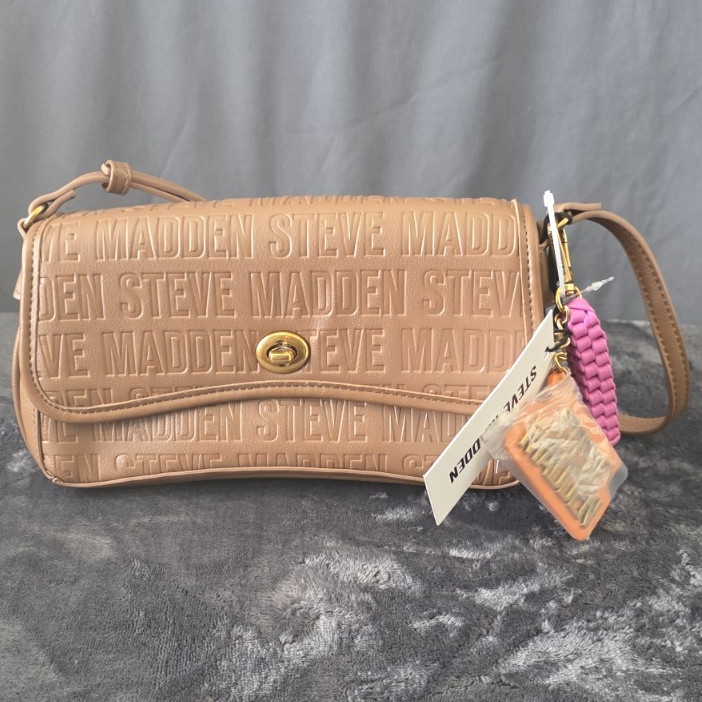 Steve Madden Tan Embossed Logo Small Crossbody Turn Lock Charm Gold Hardware