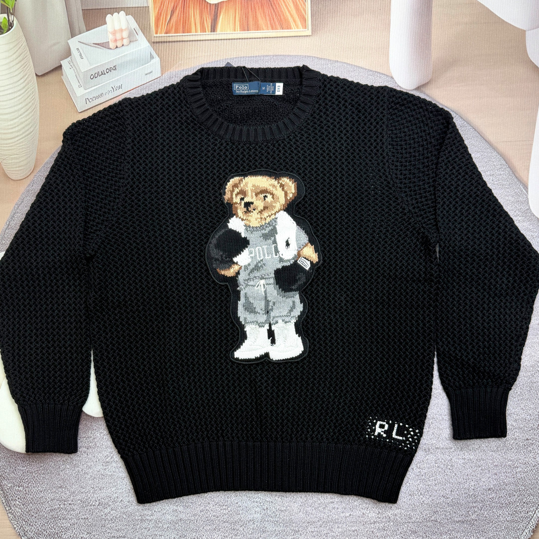 POLO RALPH LAUREN Bear Sweater Cotton Pullover Black Open Knit Women Medium NWT