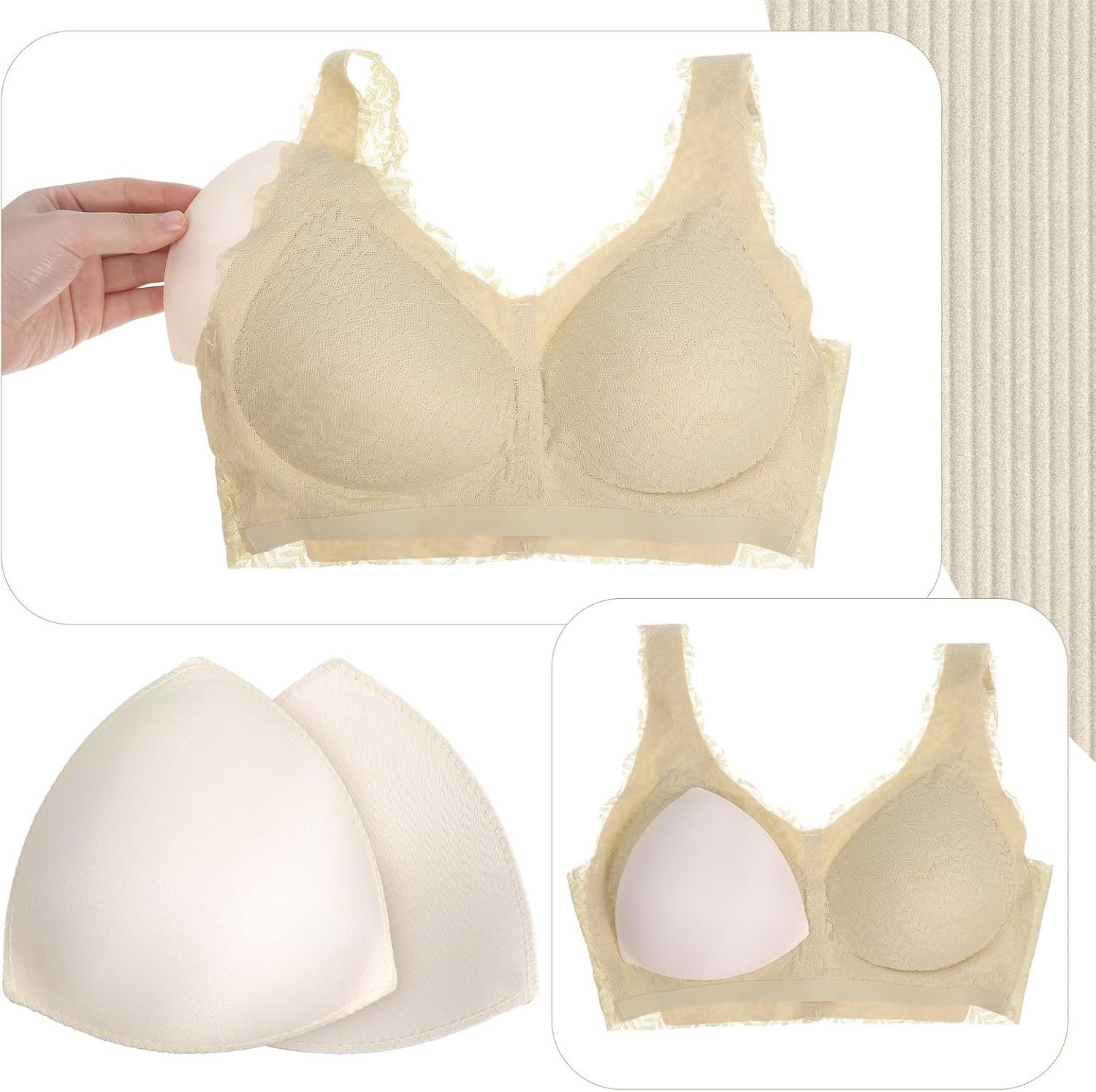 3 Pairs Replacement Bra Pads Insert Breathable Sewn Edge for Sports Bra Swimwear