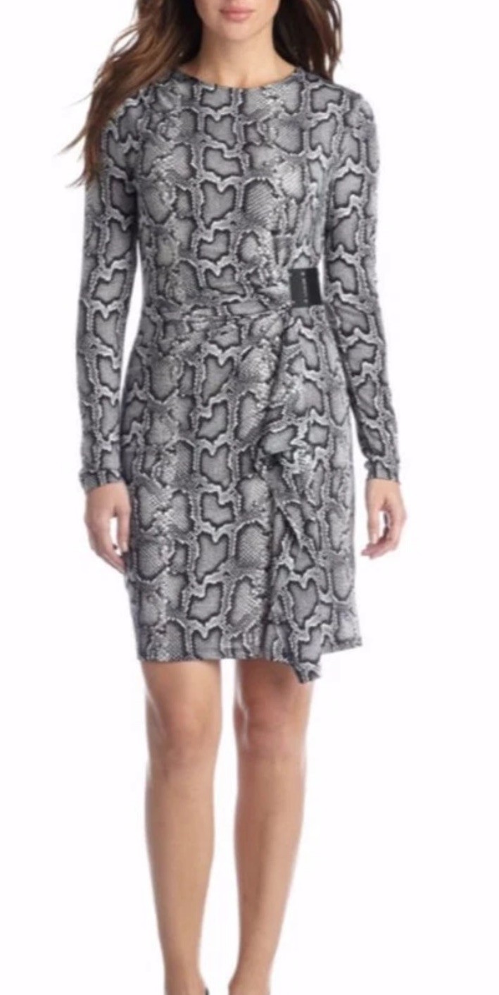 MICHAEL KORS Women’s Dress Logo Plate Faux Wrap Snakeskin Print Gunmetal Size M