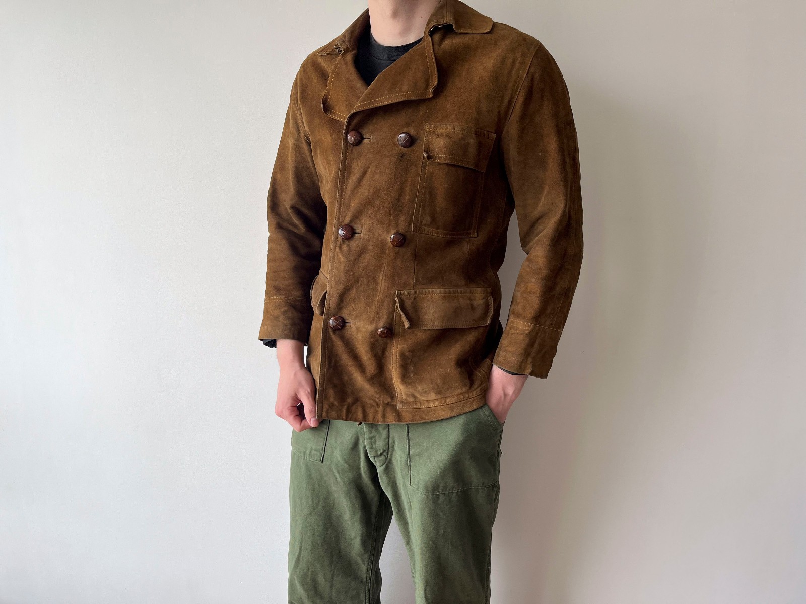 Vintage 60s Huc of Sweden Double Breasted Goatskin Leather Suede Coat Jacket S M