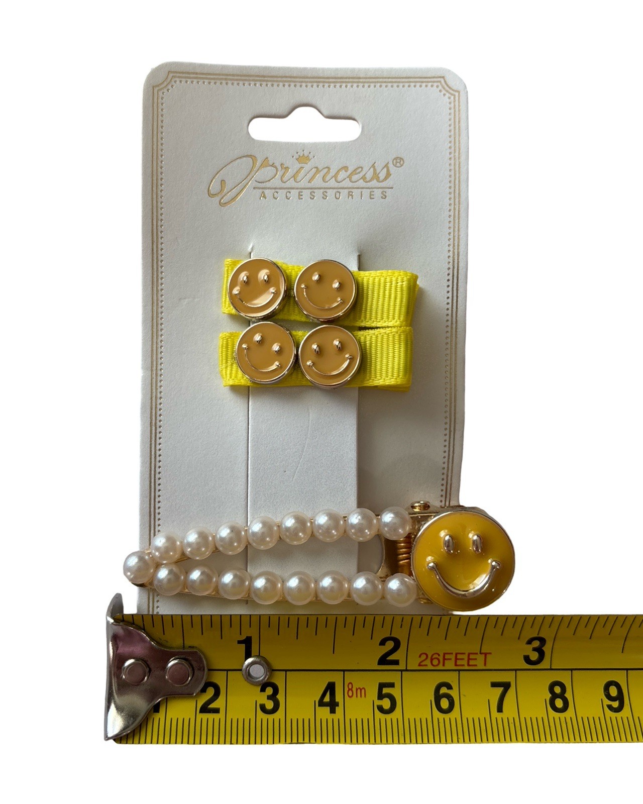 Princess Accessories Smiley Face & Pearl Hair Clip Set – Yellow Emoji 3pc Y2K