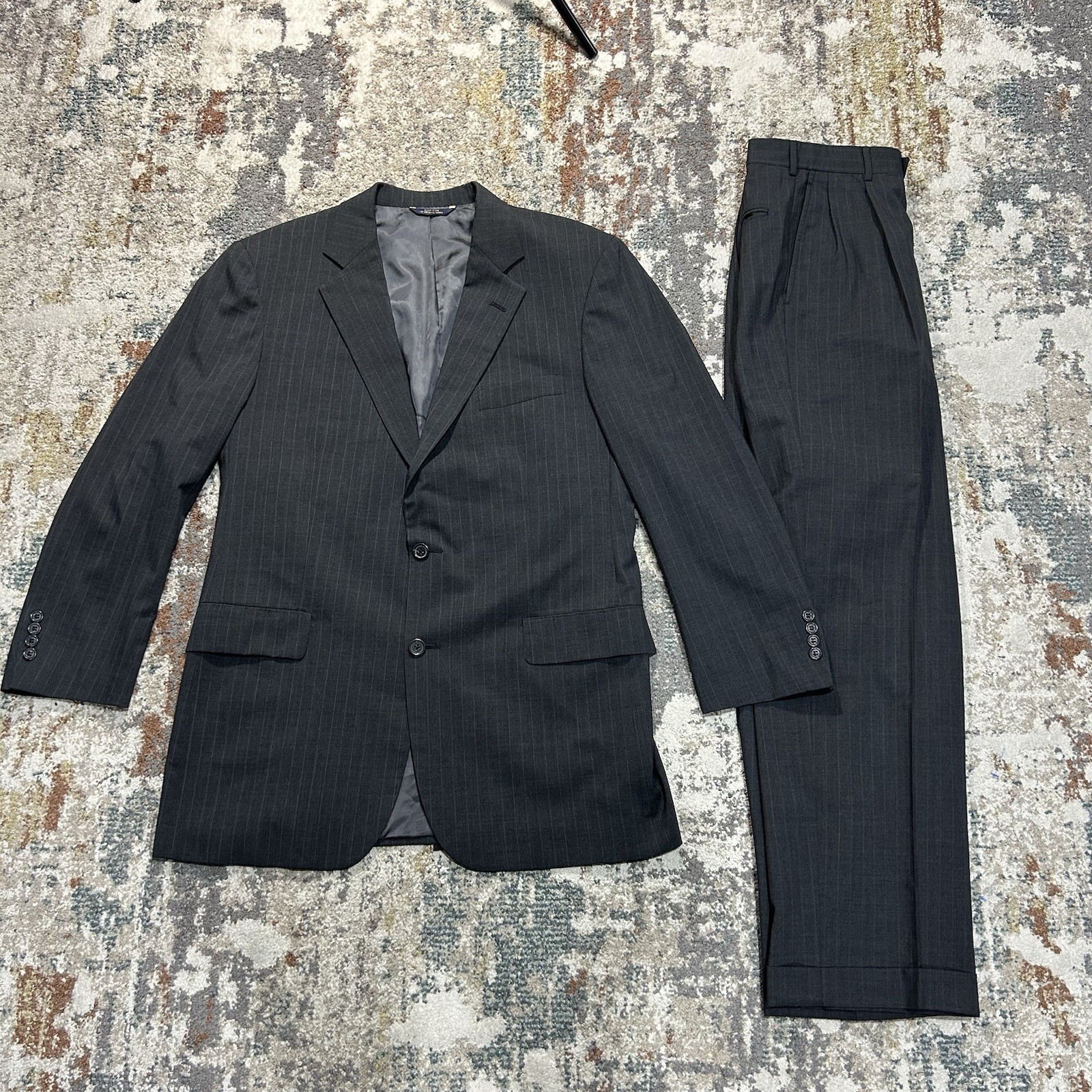 Brooks Brothers Brookease 2 Piece Suit Mens 44R 32×30 Black Pinstripe Made USA