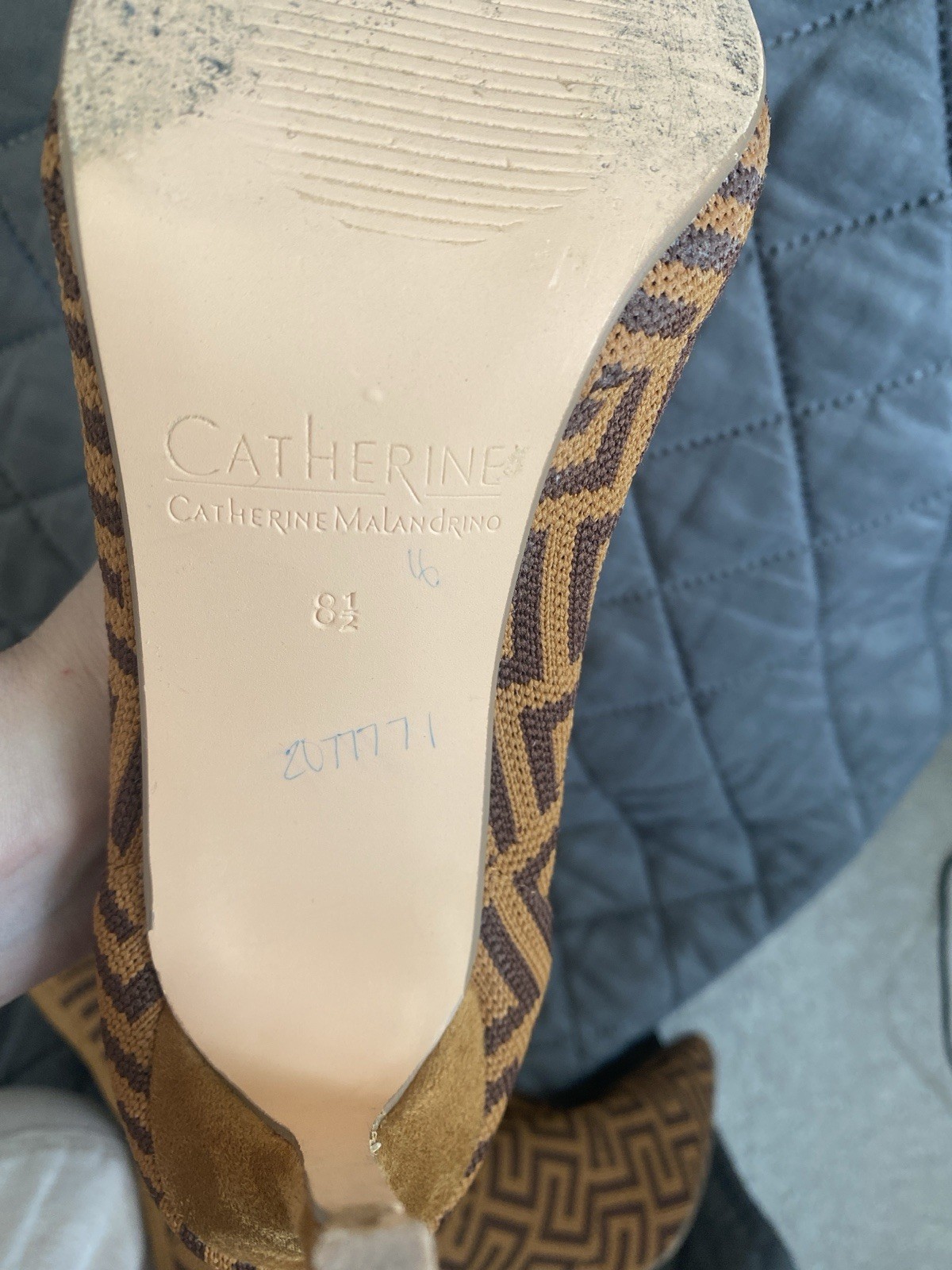 C. Malandrino Monogram Logo Heeled Ankle Sock, Knit, Suede Tan/Brown Boot SZ 8.5