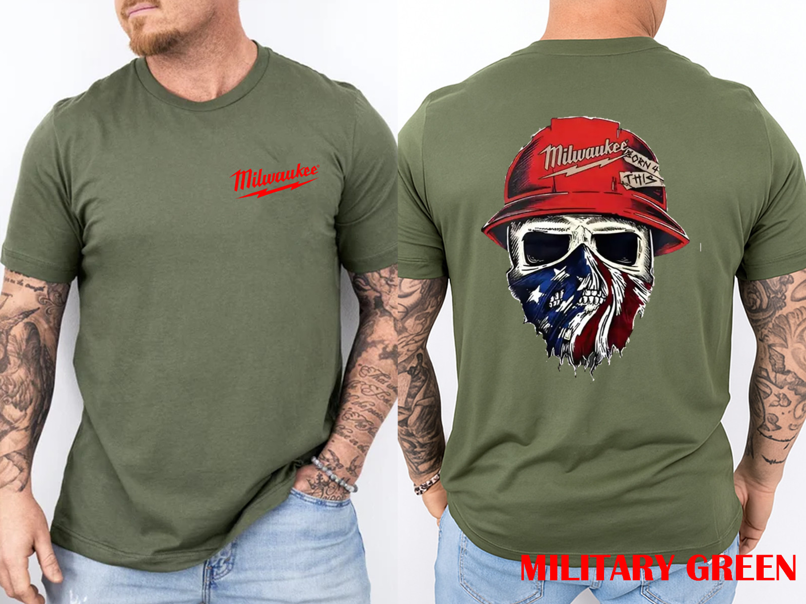 Milwaukee Tool Roughneck Skull America Flag T-Shirt, Unisex 2-Sided