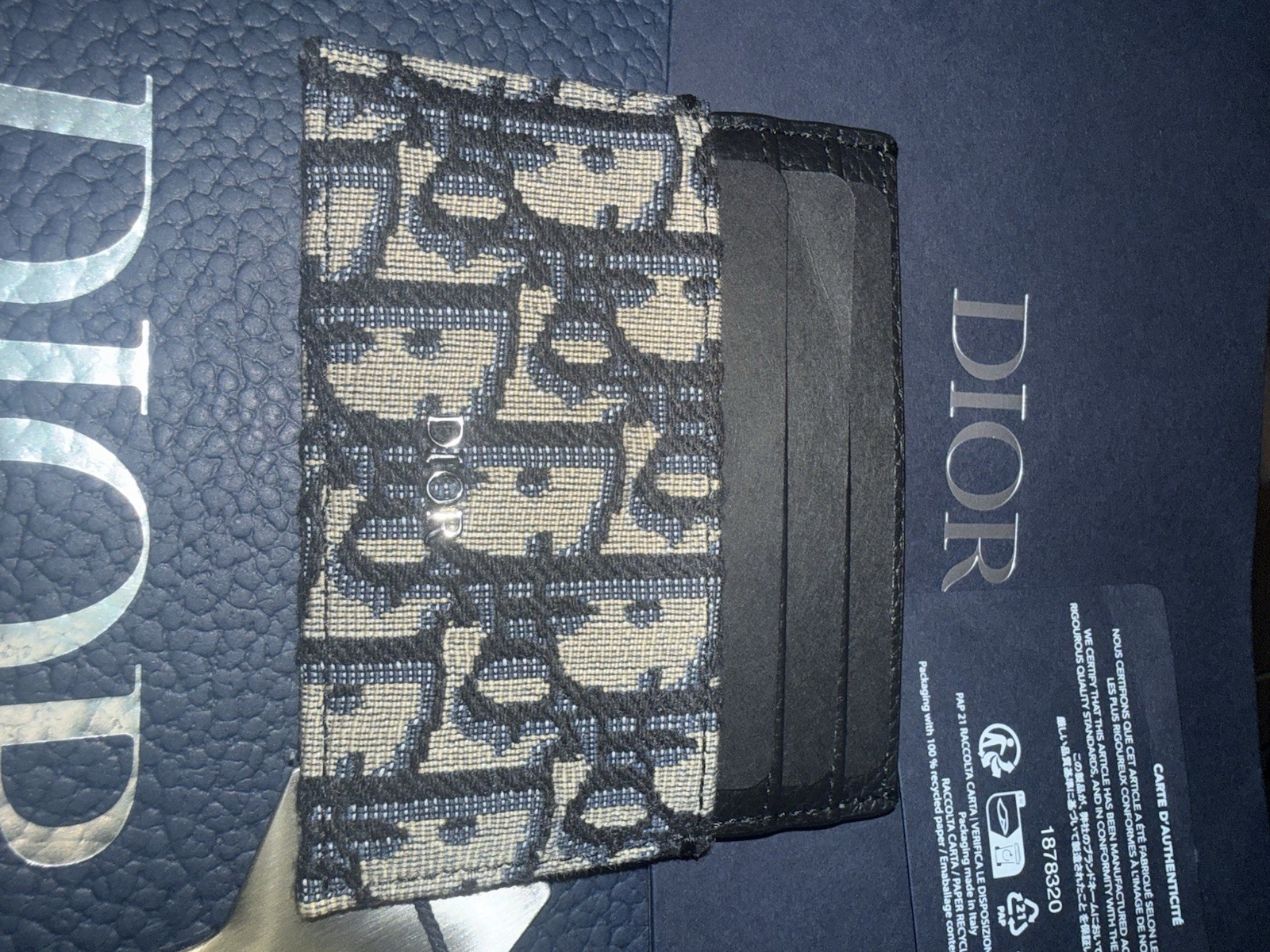Dior Oblique Logo Card Holder Wallet Leather/Fabric Blue Beige Black w/Box
