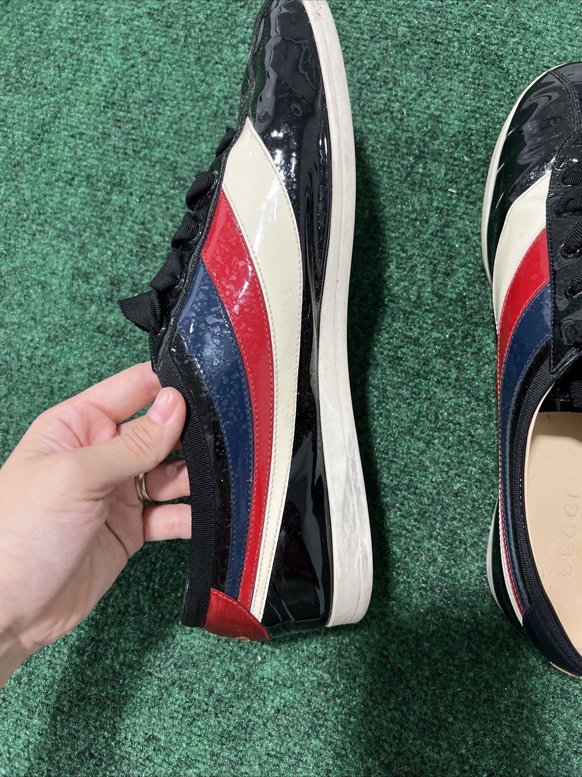 Gucci Men’s Falacer Hebron Web Patent Leather. Size 11 G 11.5 US Navy Red White