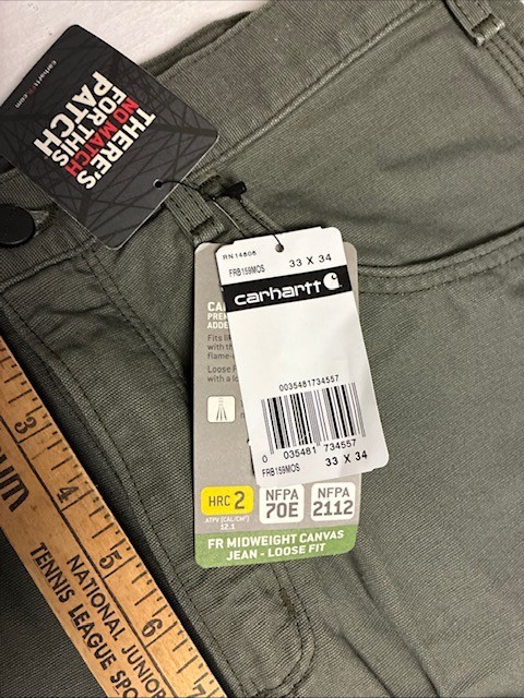 Carhartt FRB 159MOS CAT2 Loose Fit Olive Moss Green Canvas Work Pants Jean 33×34
