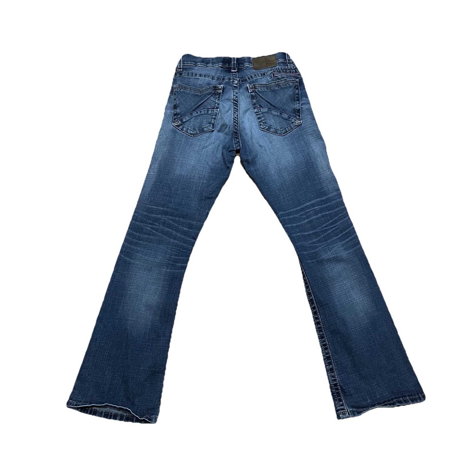 BKE Fulton Bootleg Mens Jeans 31R Medium Wash Blue Whiskered Distressed Stretch