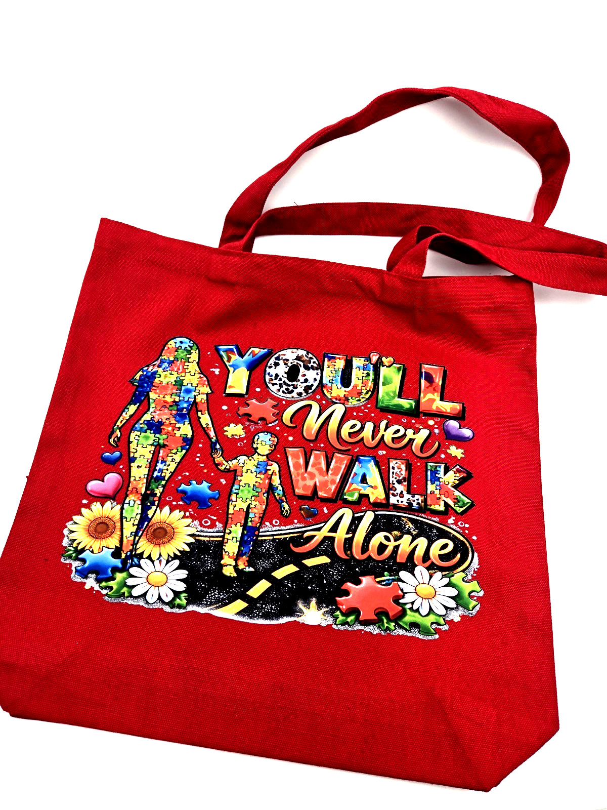 Autism Awareness Tote Bag Red 13.5×13.5in Carry Handle Graphic Canvas