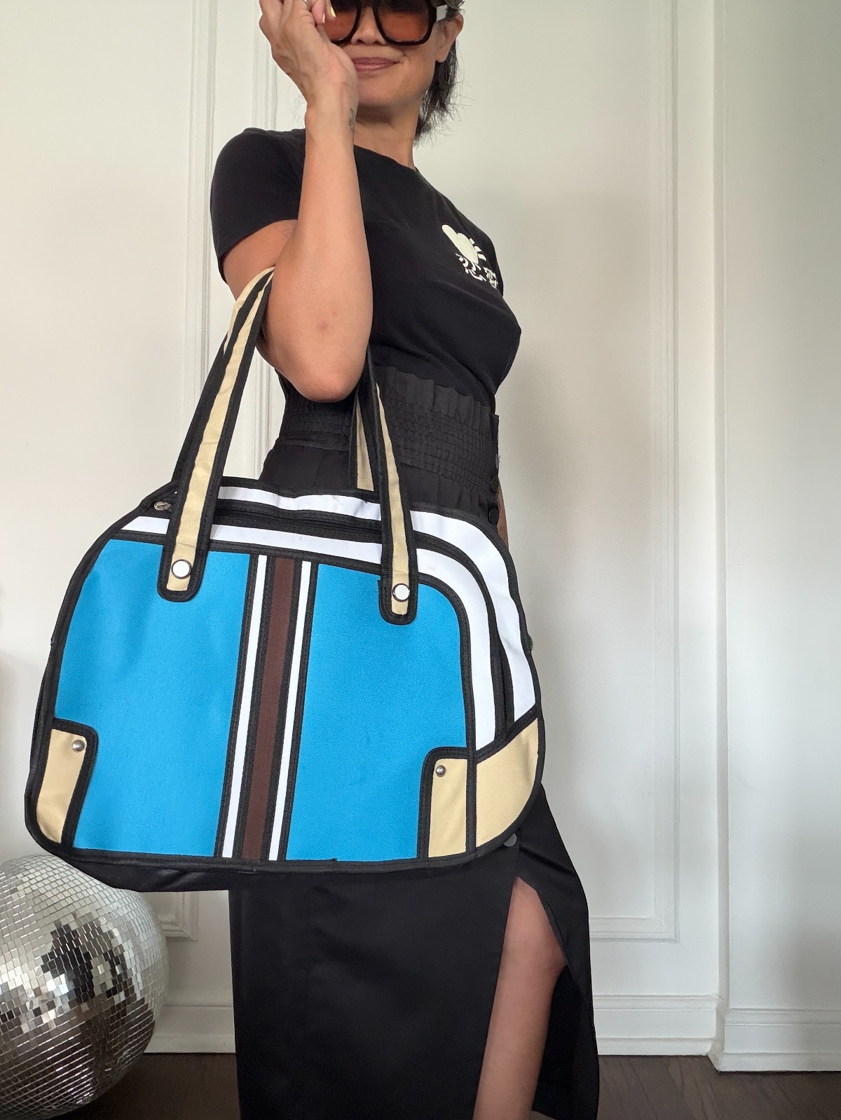 womens blue, white and black stripe 2D design shoulder bag for work or casual
