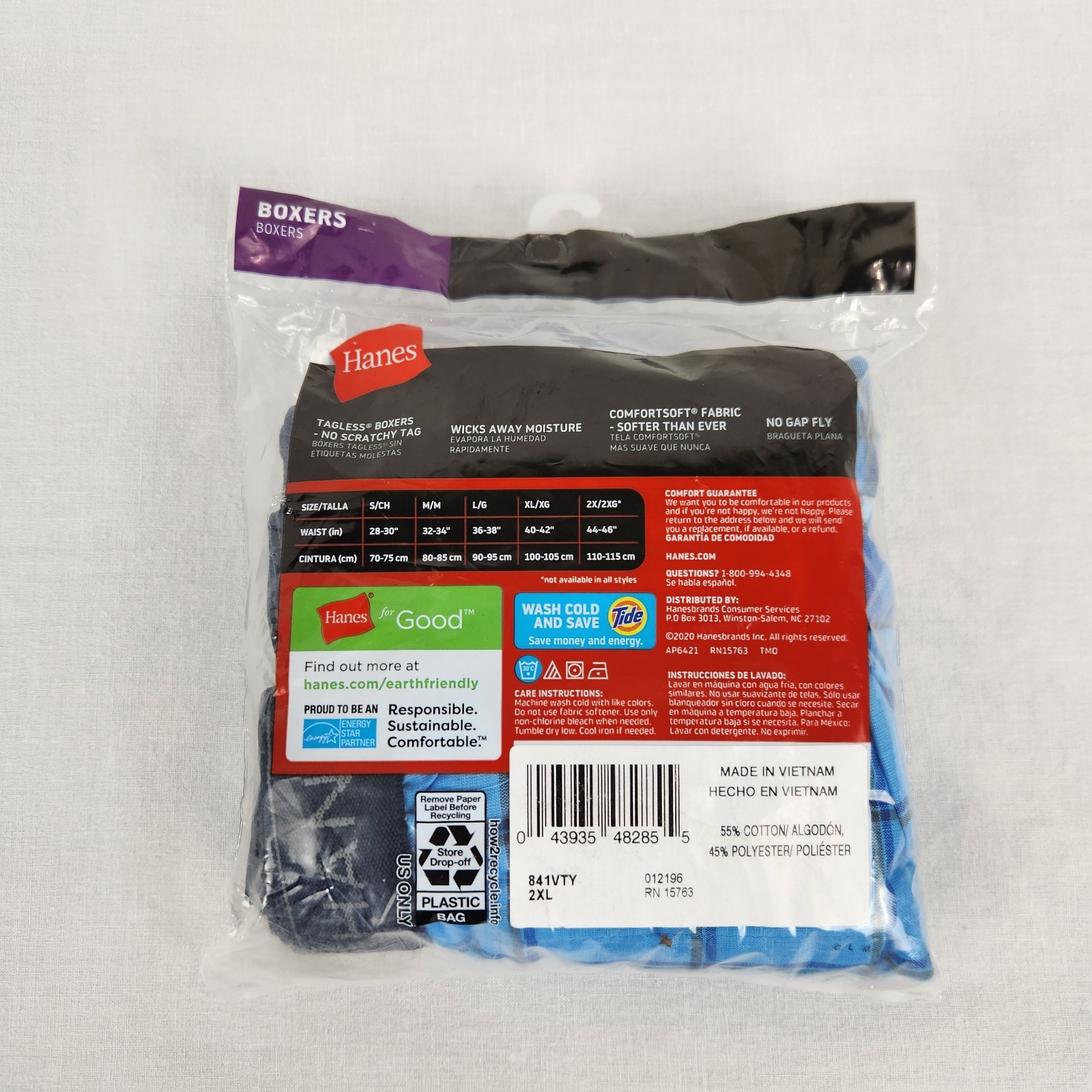 Hanes Mens 2-Pack Tagless Boxers Comfort Flex Waistband Sz 2XL 44-46 Breathable