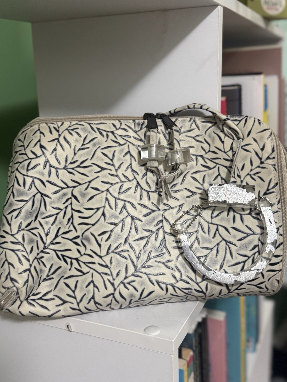 Carol Hearty Handmade Leather Crossbody Bag Cream Black Leaf Print Artisan