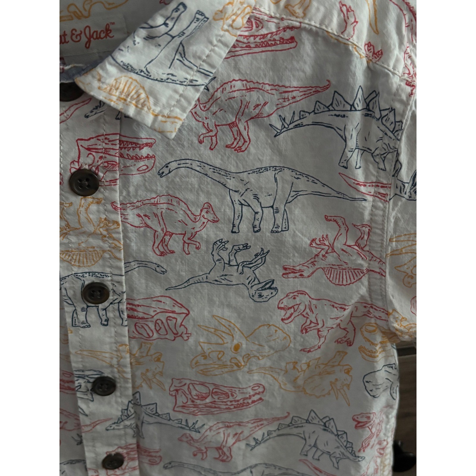 Cat & Jack Boys White Dinosaur Sketch Print Short Sleeve Button Down Shirt S 6/7